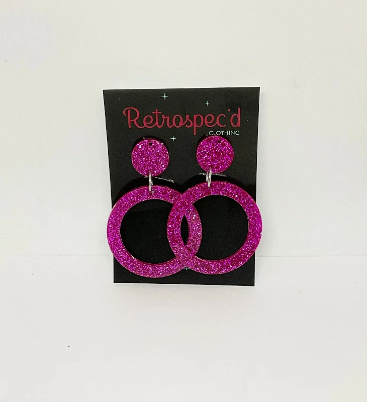 Drop Earrings with Filigree Work -Lou Lou  Magenta Glitter Hoop Earrings