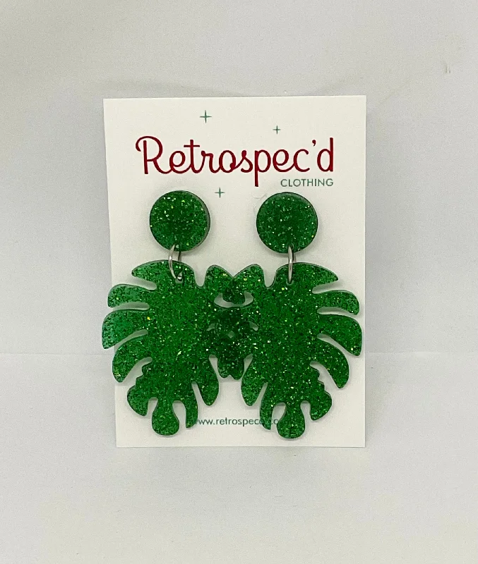 Drop Earrings for Fitness Activities -Tropical Leaf Green  Glitter Earrings