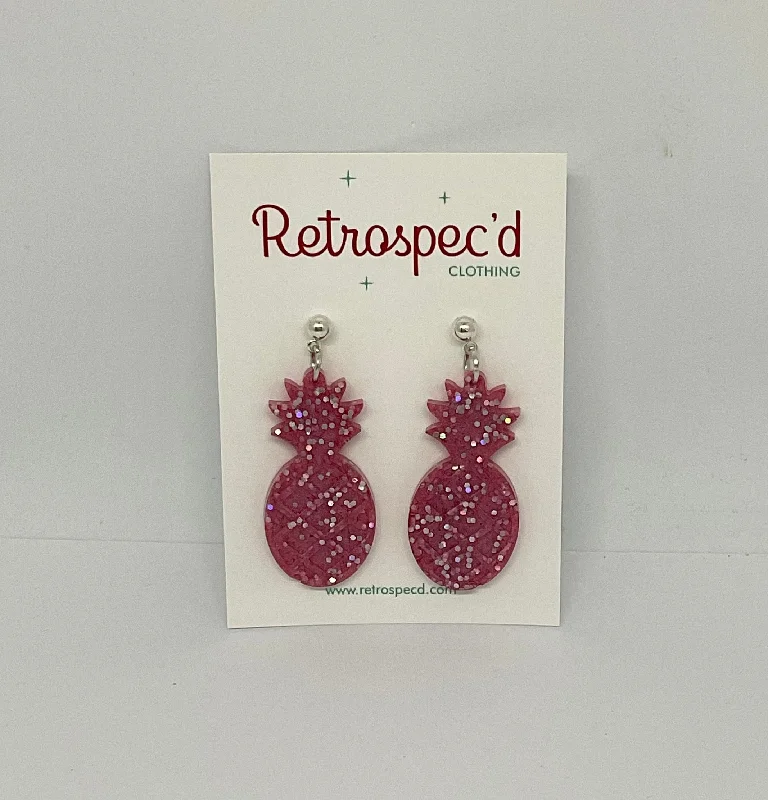 Drop Earrings with Enamel Coating -Pineapple  Pink Glitter Earrings