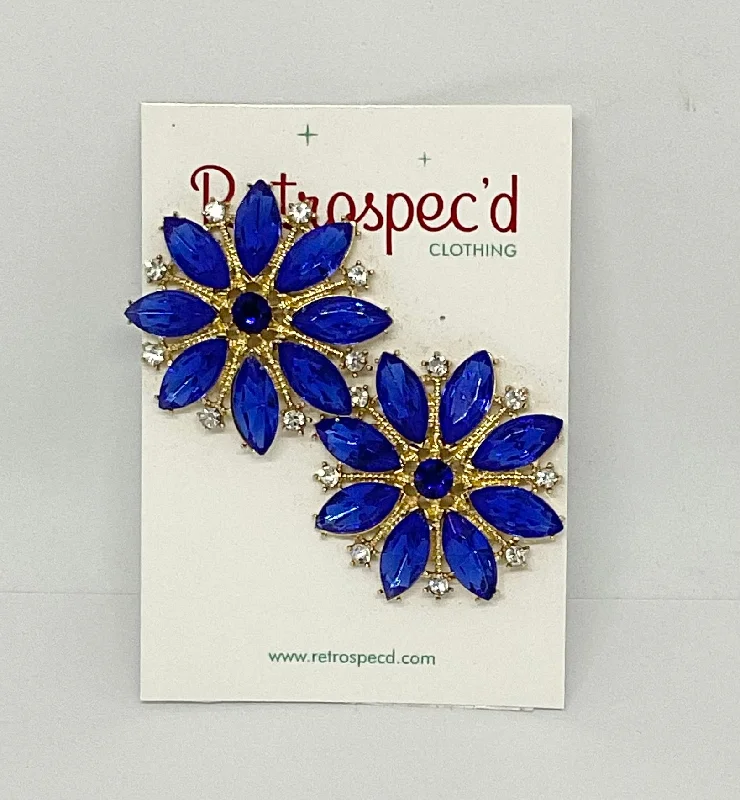 Large Drop Earrings for Statement -Glamour Flower Gem Earrings Royal Blue