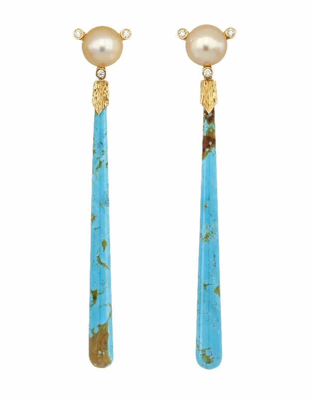 Drop Earrings with Textured Surface -Long Turquoise Drop South Sea Pearl Earrings