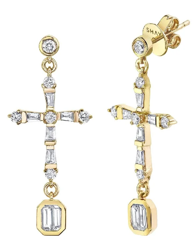 Drop Earrings with Infinity Symbols -Baguette Diamond Cross Drop Earrings