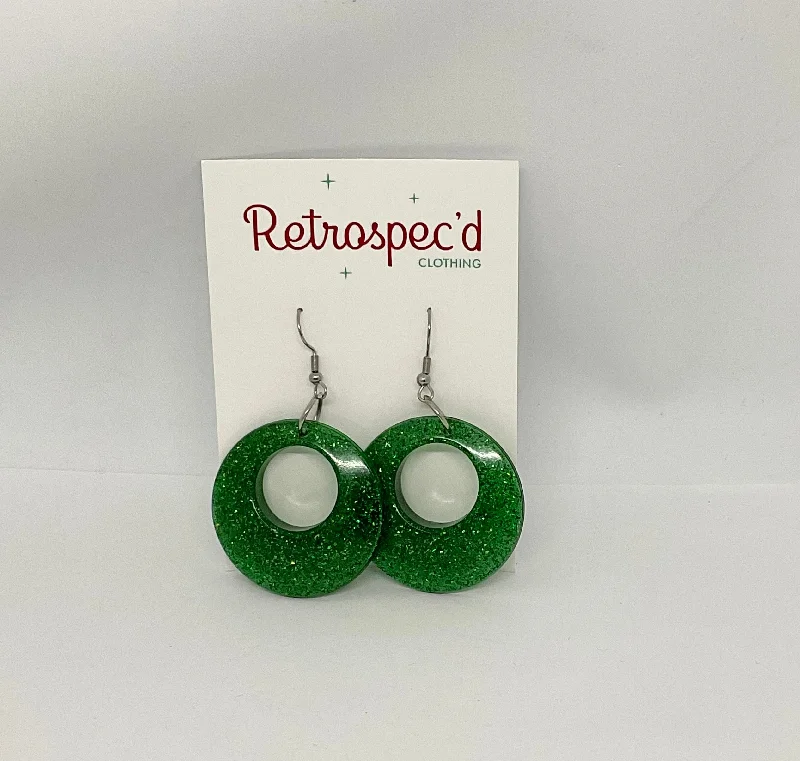 Drop Earrings for Gym Workout -Groovy Disc Green  Glitter Earrings