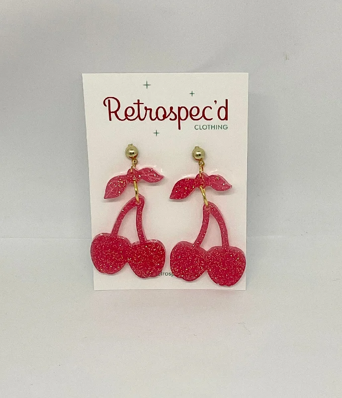 Drop Earrings with Wave Designs -Cherry Coral Pink Glitter Earrings