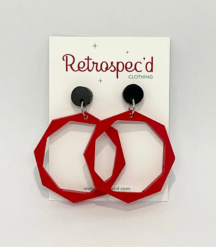 Drop Earrings with Animal Motifs -Hexagon Hoops Red/Black Earrings