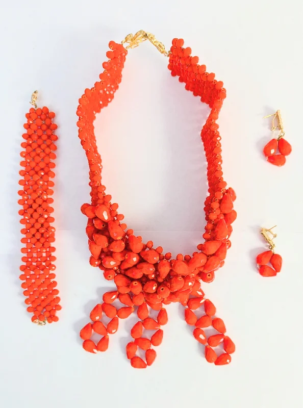 Long Drop Earrings for Dramatic -Dupsie's Ladanna Coral-Red and Gold African Necklace Bracelet Earrings Bead Set DPABSCR37