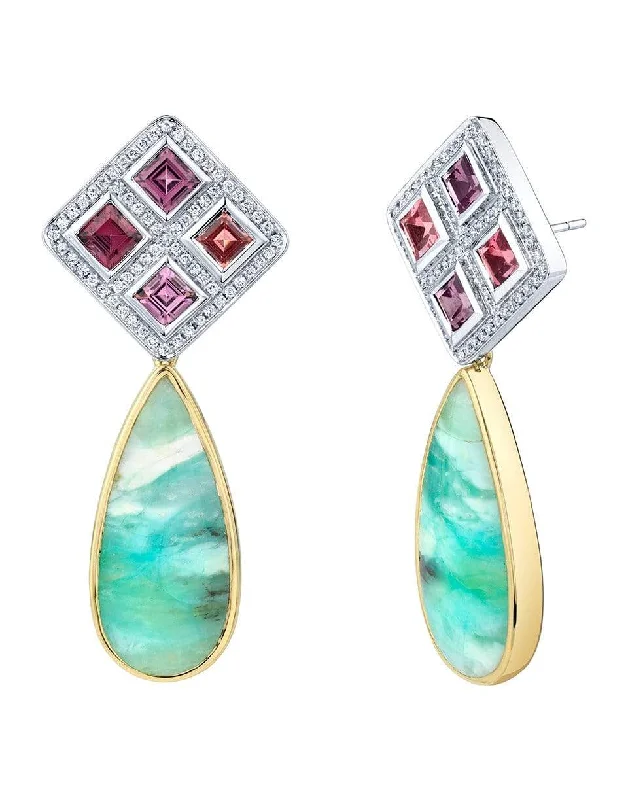 Screw Back Drop Earrings for Security -Blue Opal, Spinel and Diamond Earrings