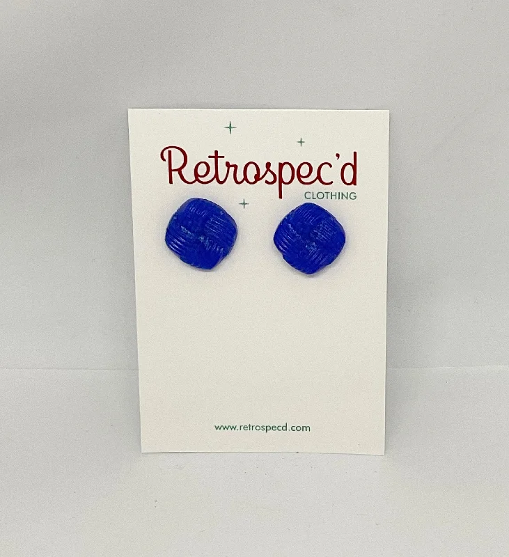 Drop Earrings for Work Attire -Basket Weave Sapphire Blue Stud Earrings