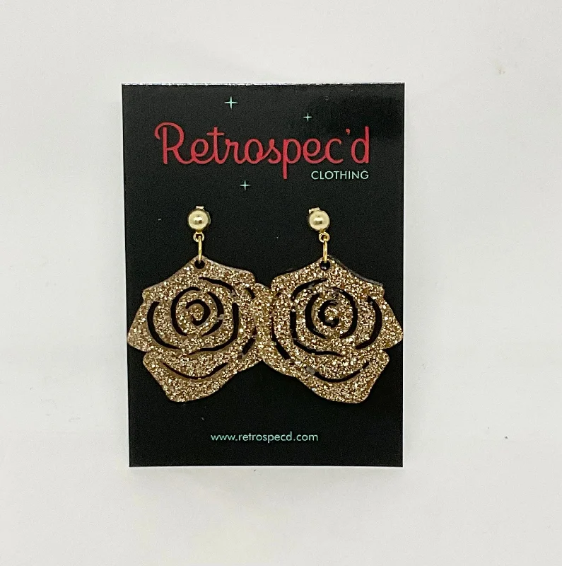 Drop Earrings for Prom Night -Rose Petal Gold Glitter Earrings