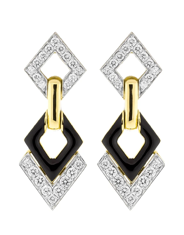 Drop Earrings for Valentine's Day -Double Diamond And Black Enamel Earrings