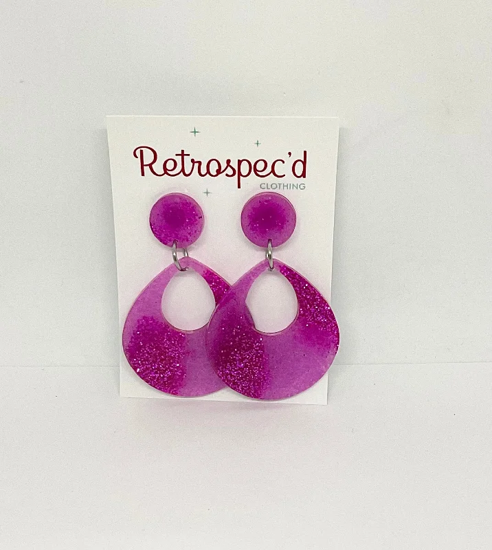 Clip On Drop Earrings for Non Pierced -Good Vibes Magenta Glitter  Earrings