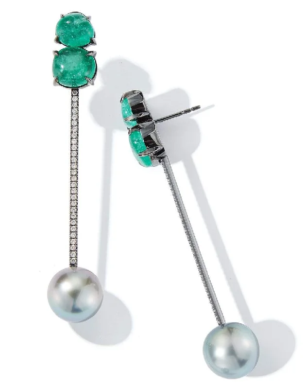 Drop Earrings for Shopping Trip -Muzo Emerald & Gray Pearl Tik Tok Earrings