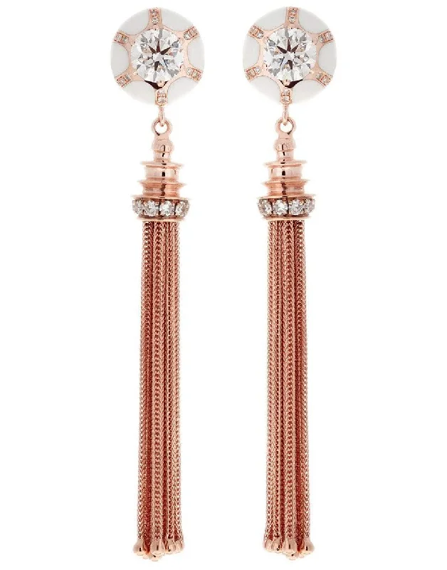 Ethnic Drop Earrings with Tribal Design -White Enamel and Diamond Chain Drop Earrings