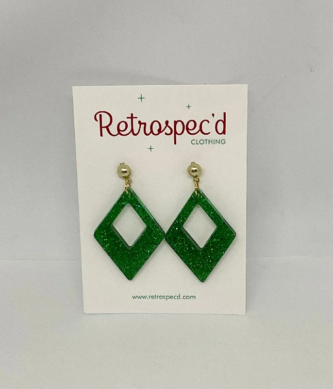 Drop Earrings with Symbolic Elements -Diamond Sapphire Green Glitter Earrings