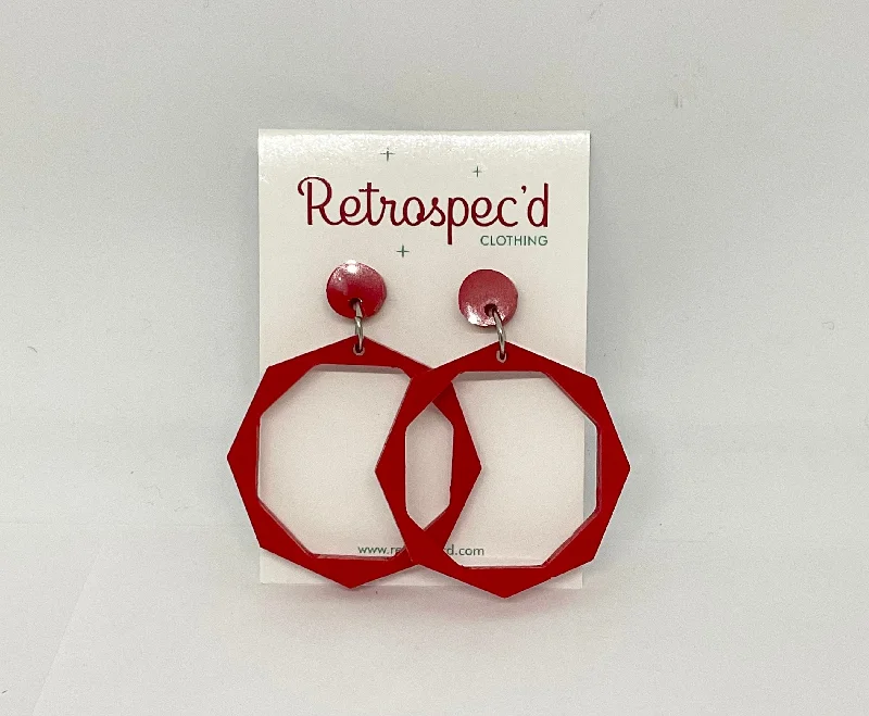 Drop Earrings for Christmas Party -Hexagon Hoops Red Earrings