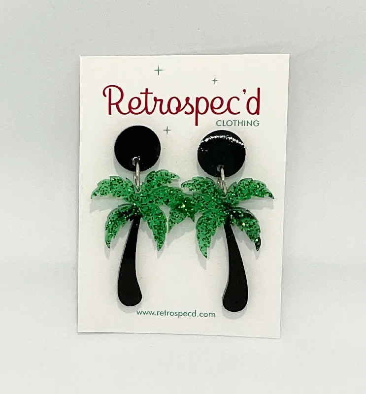 Silver Drop Earrings for Men -Palm tree Glitter Earrings