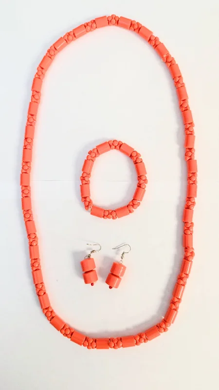 Large Drop Earrings for Statement -Dupsie's Adaobi Igbo Edo Coral-Red Four-Piece Necklace Bracelet Earrings Bead Jewelry Set DPABSCR91