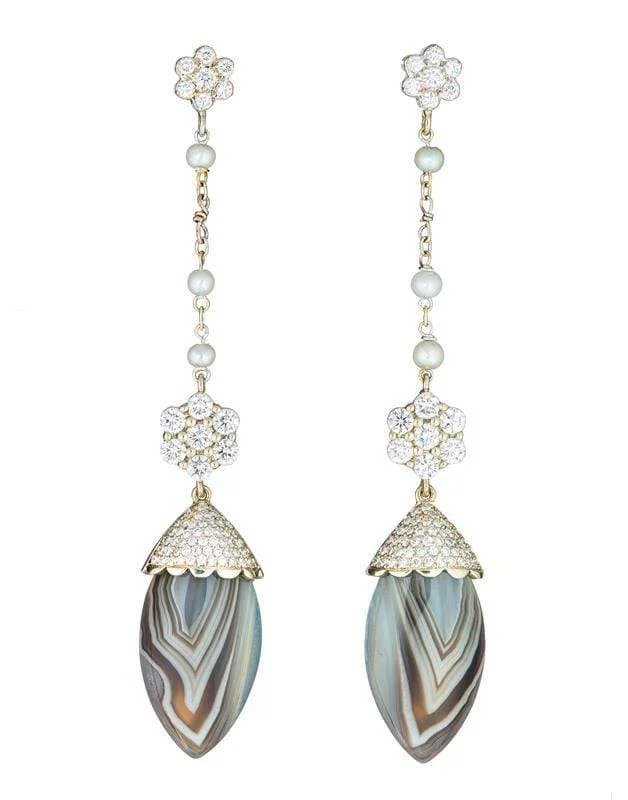 Detachable Drop Earrings with Charms -Tiger Agate Diamond and Pearl Drop Earrings