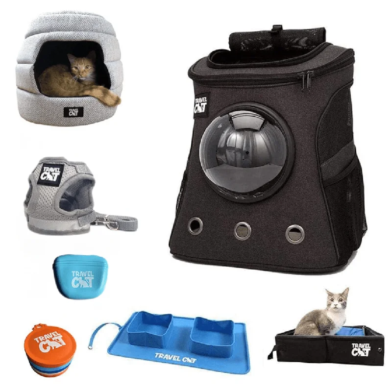 Adjustable padded backpack for growing teen needs -"The Whole Kitten Kaboodle" Bundle: Fat Cat Backpack, Harness, Leash, Convertible Bed & Cave, Travel Buddy, Treat Pouch, Can Covers, Travel Litter Box