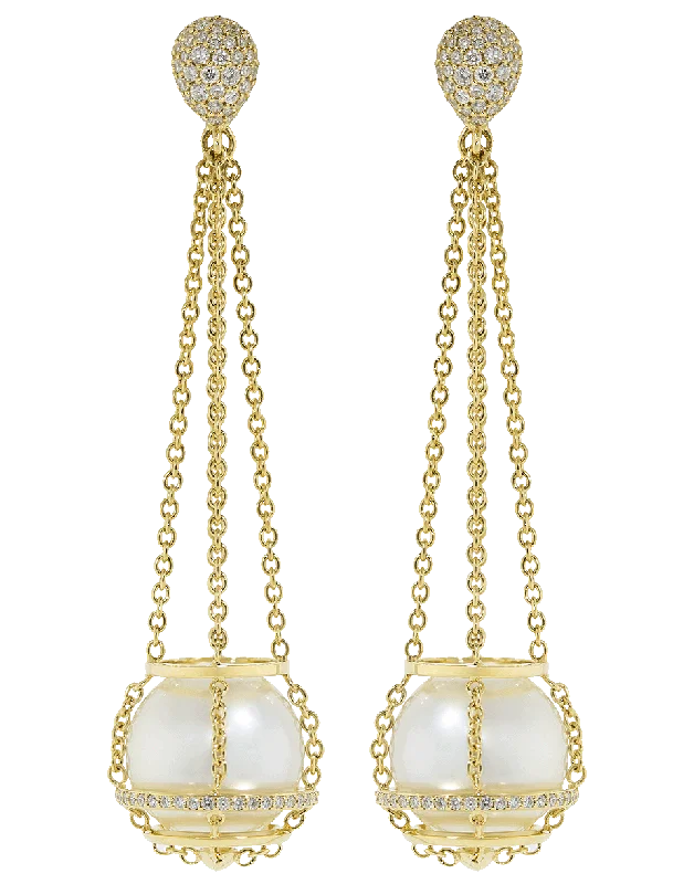 Drop Earrings for Concert Look -South Sea Pearl and Diamond Basket Drop Earrings