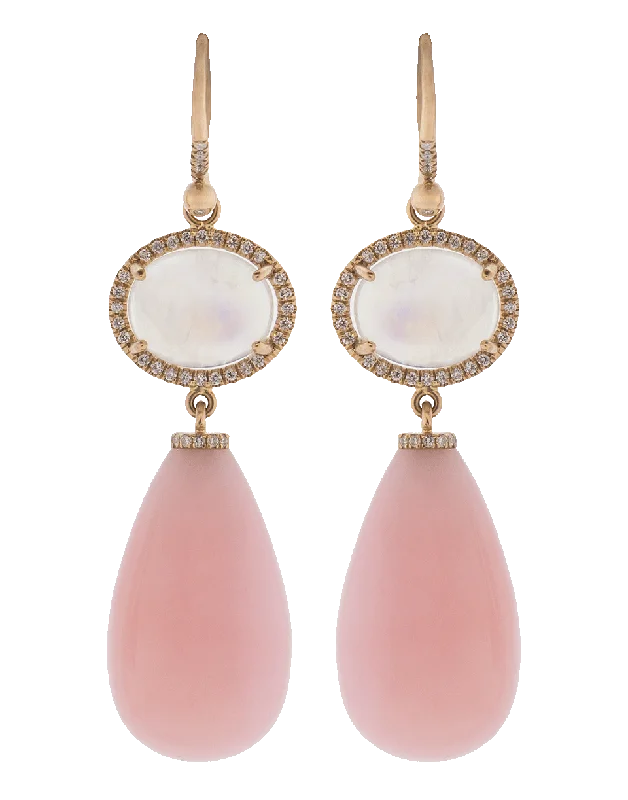 Crystal and Pearl Drop Earrings for Glamour -Rainbow Moonstone And Pink Opal Drop Earrings