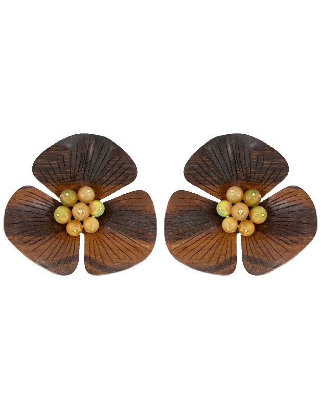 Drop Earrings with Symbolic Elements -Sculptural Botanical Carved Wood Flower Earrings