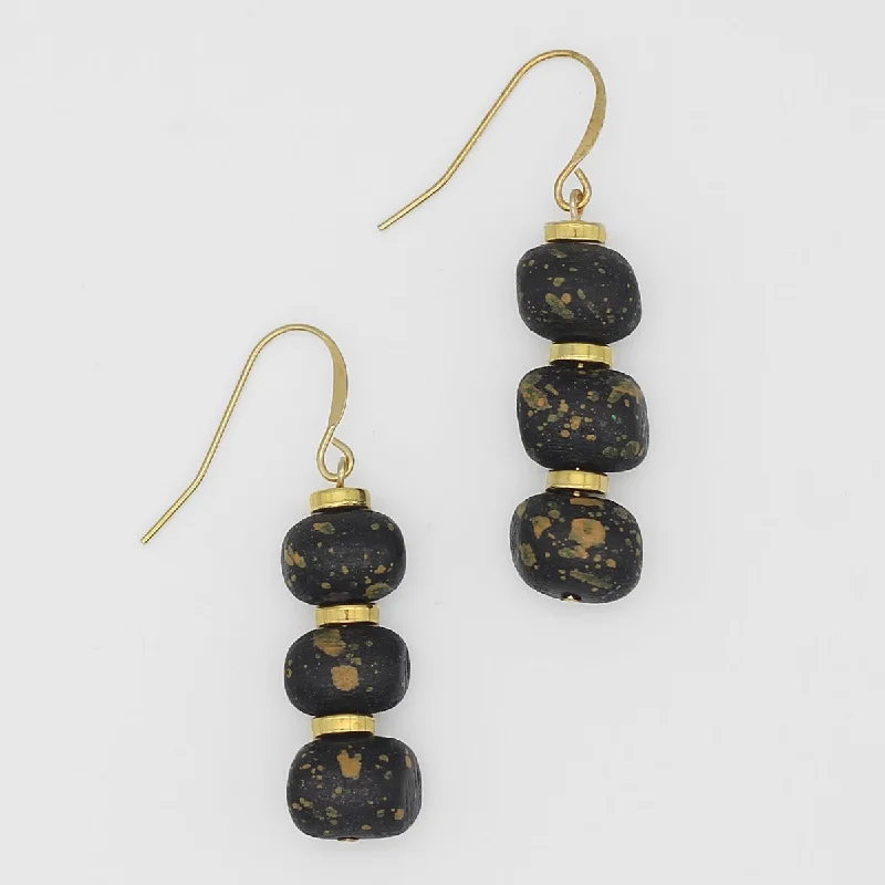 Hoop earrings with colorful beads for a fun and playful vibe-Black and Gold Speckle Dangle Earrings