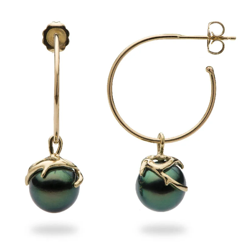 Best hoop earrings with twisted rope designs for a nautical-inspired style-Heritage Tahitian Black Pearl Earrings in Gold - 9-10mm