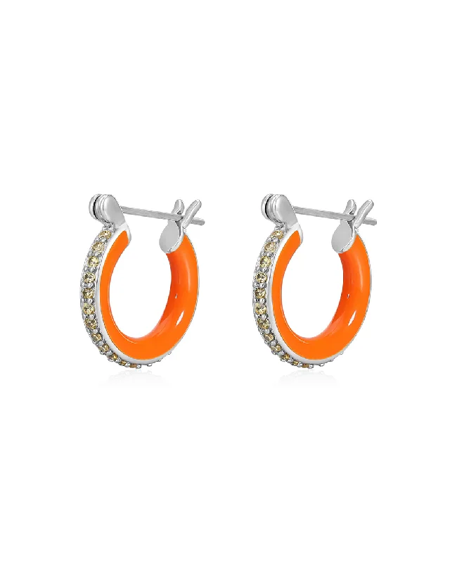 Best hoop earrings with enamel details for a colorful and modern look-Pave Amalfi Huggies- Neon Orange- Silver