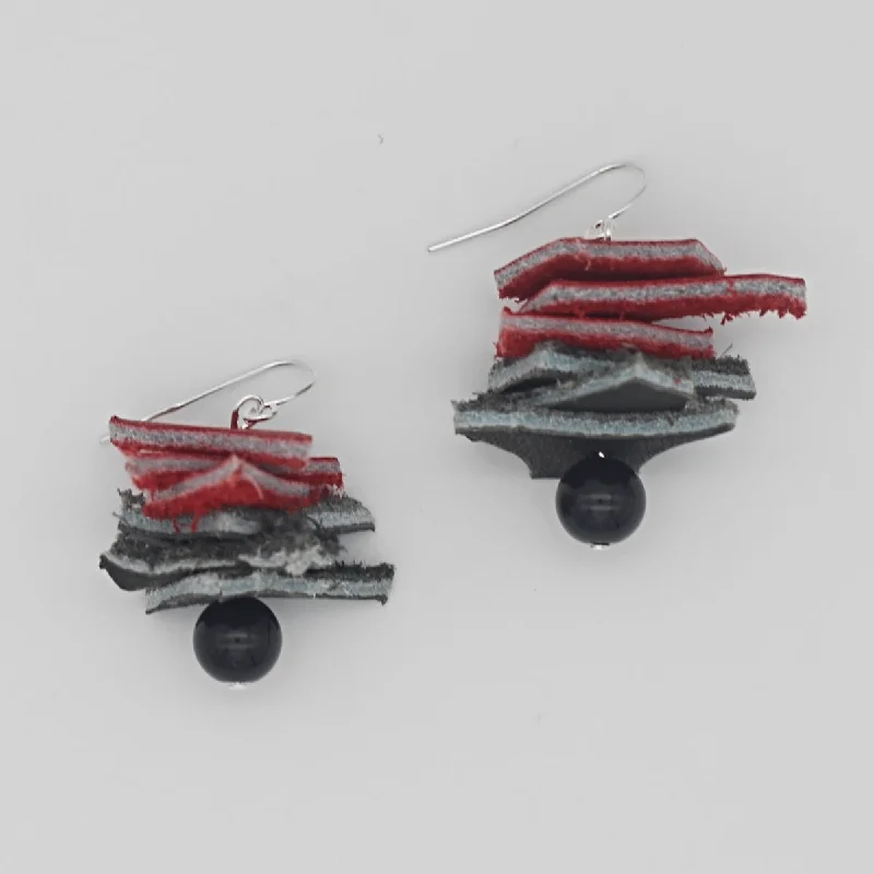 Hoop earrings with spiral designs for a dynamic and fluid look-Red and Black Stacked Leather Statement Earrings