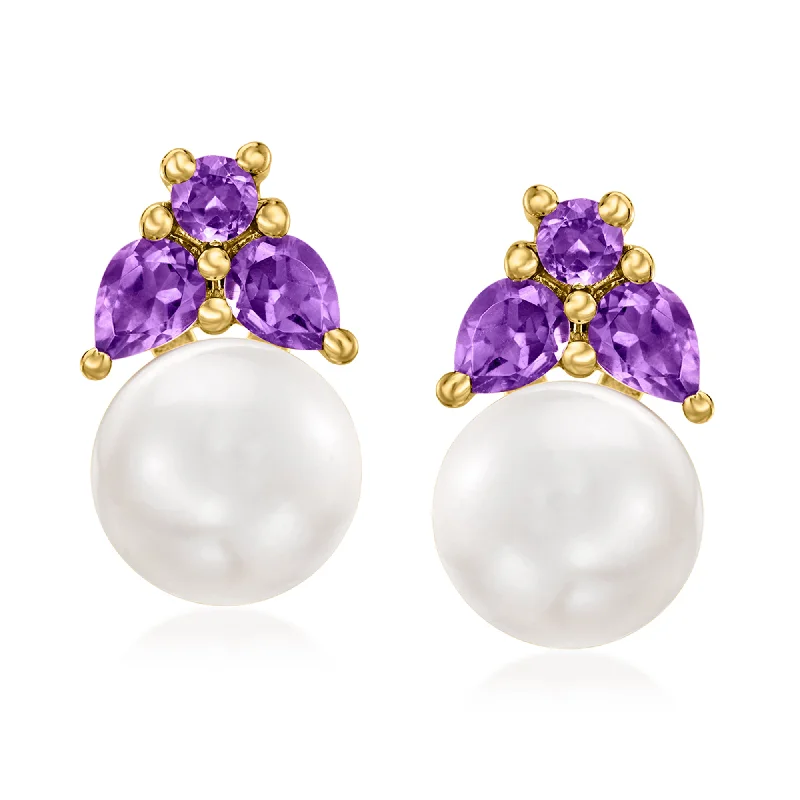 Best hoop earrings with twisted rope designs for a nautical-inspired style-Ross-Simons 7.5-8mm Cultured Pearl and . Amethyst Earrings in 18kt Gold Over Sterling