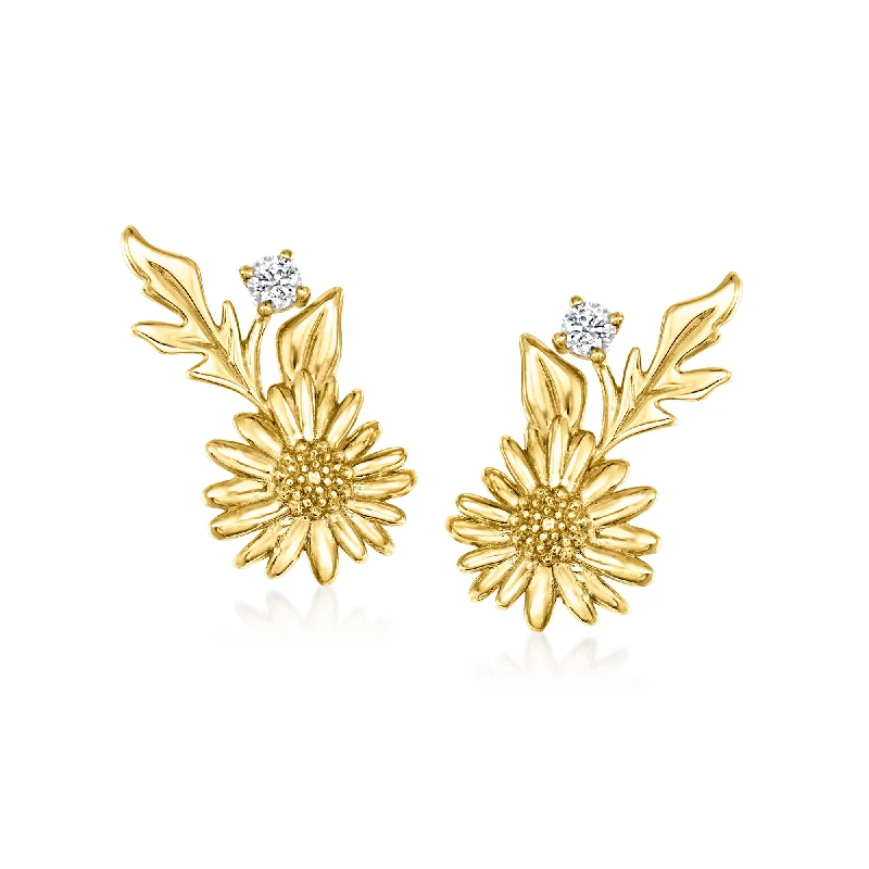 Hoop earrings with oversized pearl accents for a statement-making look-RS Pure by Ross-Simons White Sapphire-Accented Daisy Flower Earrings in 14kt Yellow Gold