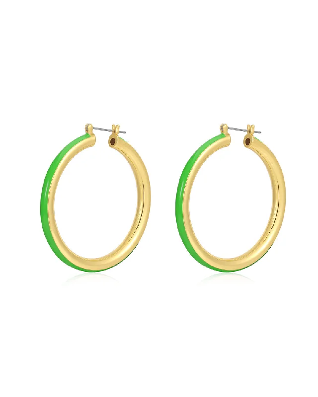 Hoop earrings with leather accents for a sleek and bold combination-Stripe Amalfi Hoops- Bright Green- Gold