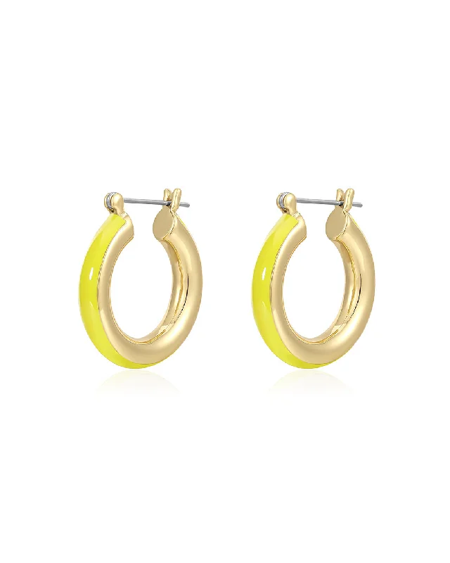 Hoop earrings with rhinestone embellishments for a glamorous and sparkling look-Stripe Baby Amalfi Hoops- Neon Yellow- Gold