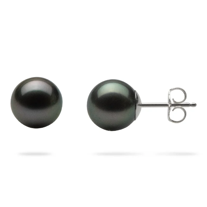 Best hoop earrings with textured silver for a rustic and organic finish-Tahitian Black Pearl Earrings in White Gold - 9-10mm