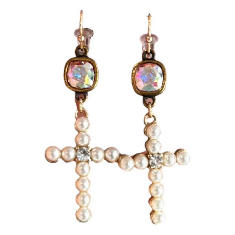 Hoop earrings with intricate designs for a unique and artistic appearance-Women's Pearl Cross Earrings In White