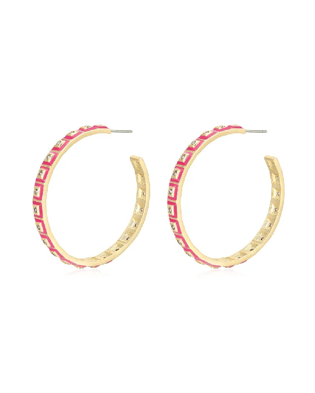 Hoop earrings with polished metal for a shiny and high-quality finish-XL Pyramid Stud Hoops- Hot Pink- Gold