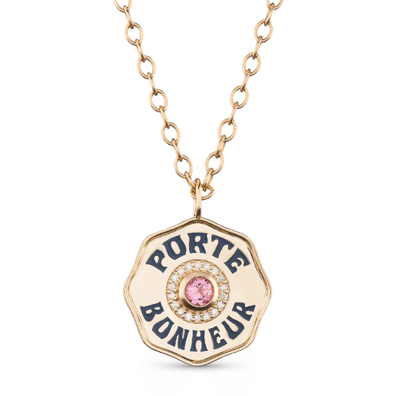 Unique necklaces and pendants with custom birthstone arrangements for personalization-Large Enamel Porte Bonheur Necklace with Diamond Halo