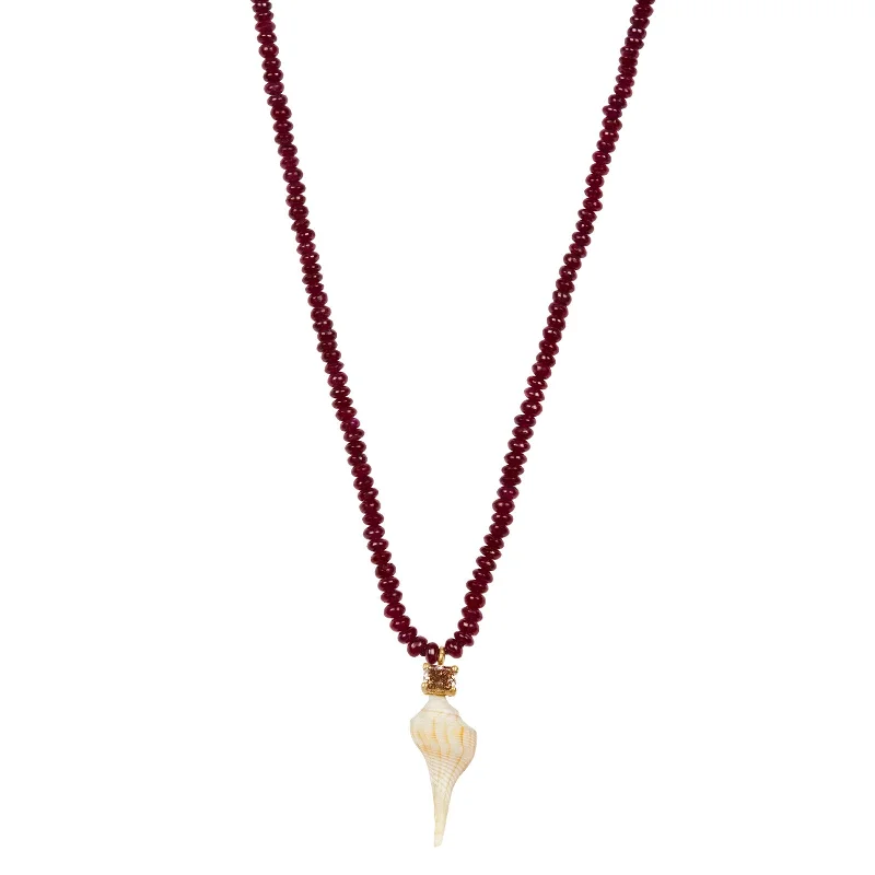 Elegant necklaces and pendants with diamond accents for added sparkle-Shell and Ruby Bead Necklace