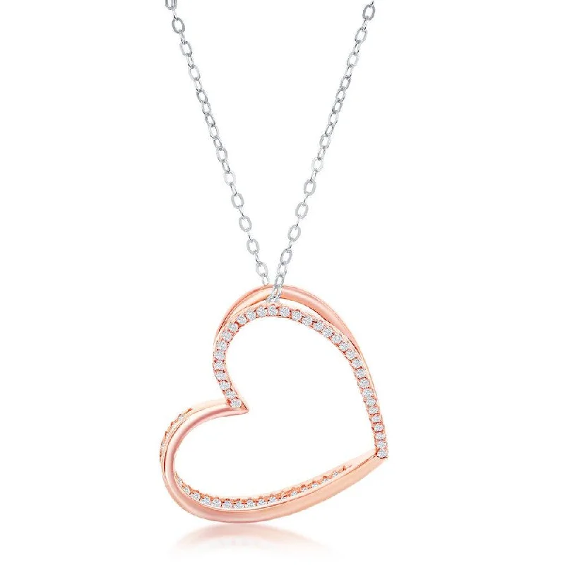 Necklaces and pendants with love knot designs for a romantic, meaningful symbol-Sterling Silver 3D Heart with Half Micro Pave CZ Necklace