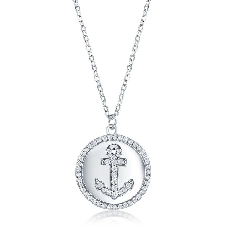 Unique necklaces and pendants with custom birthstone arrangements for personalization-Sterling Silver Anchor Micro Pave Cubic Zirconia Disc Necklace