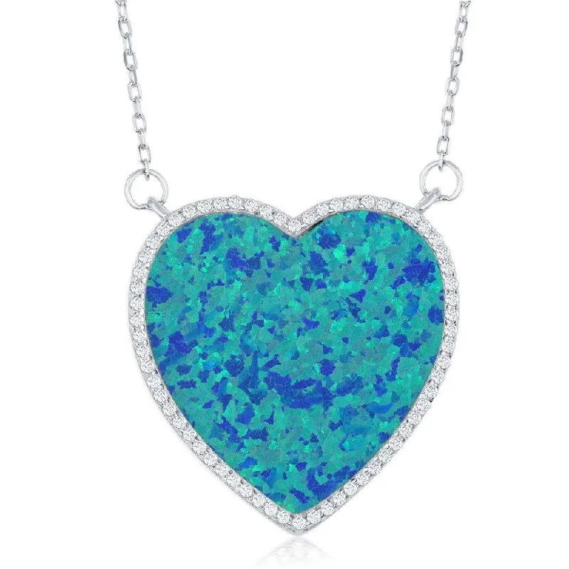 Stunning necklaces and pendants with ruby and diamond combinations for a luxurious effect-Sterling Silver Blue Inlay Opal Heart with CZ Border Necklace