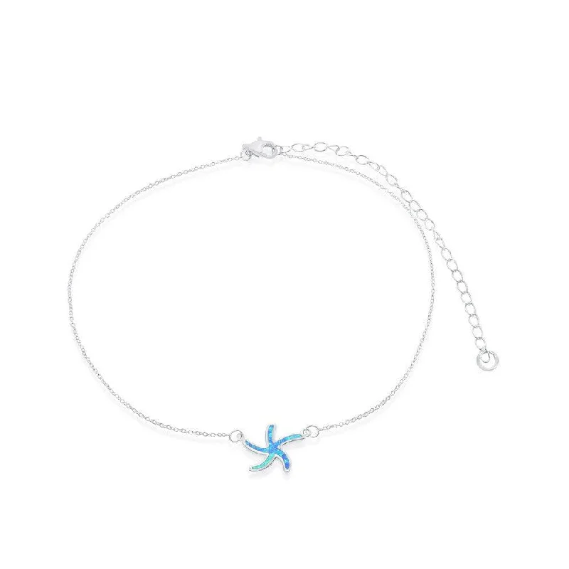 Necklaces and pendants with enamel accents for a colorful, eye-catching appearance-Sterling Silver Blue Inlay Opal Starfish Choker Necklace