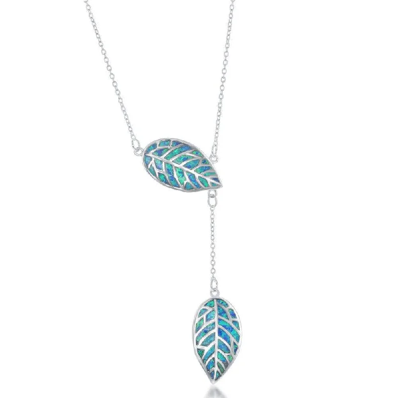 Necklaces and pendants with custom engravings for a personal, meaningful gift-Sterling Silver Blue Opal Leaf with Hanging Leaf Lariat Necklace