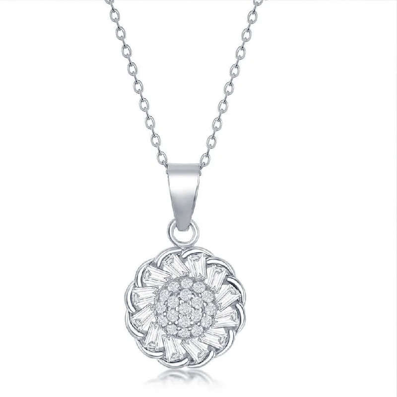 Beautiful necklaces and pendants with tree branch motifs for a nature-inspired design-Sterling Silver Center and Baguette CZ Border Flower Necklace