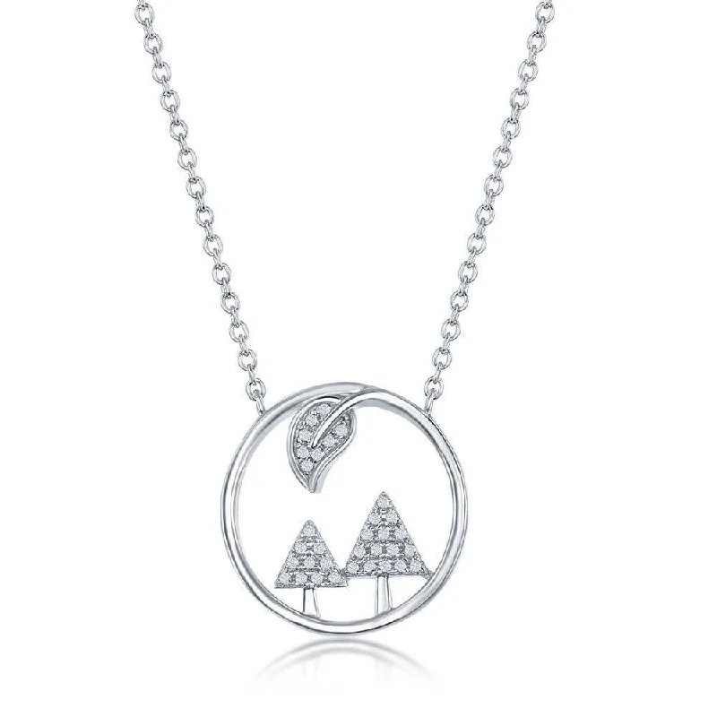 Necklaces and pendants with clear quartz for a pure and radiant look-Sterling Silver Cubic Zirconia Trees and Leaf Round Necklace