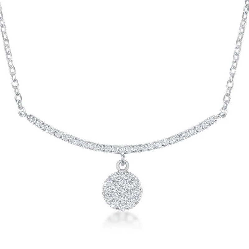 Beautiful necklaces and pendants with geometric shapes for a modern, artistic design-Sterling Silver CZ Curved Bar with Dangling Disc Necklace