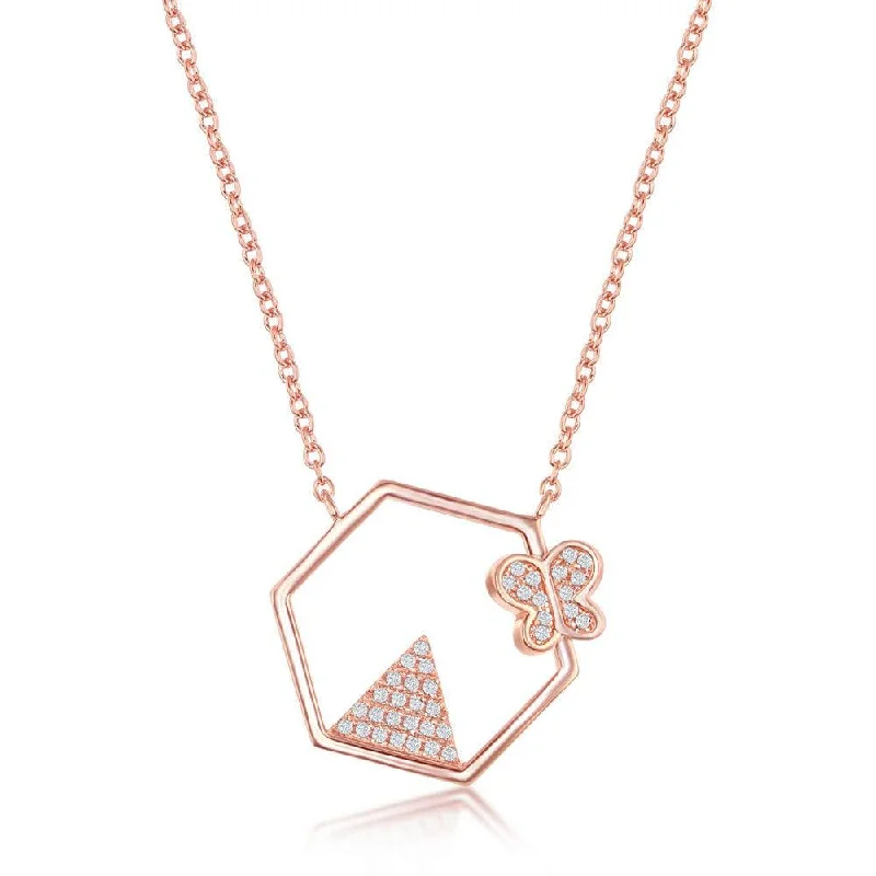 Stunning necklaces and pendants with aquamarine stones for a serene effect-Sterling Silver CZ Triangle and Butterfly Hexagon Necklace