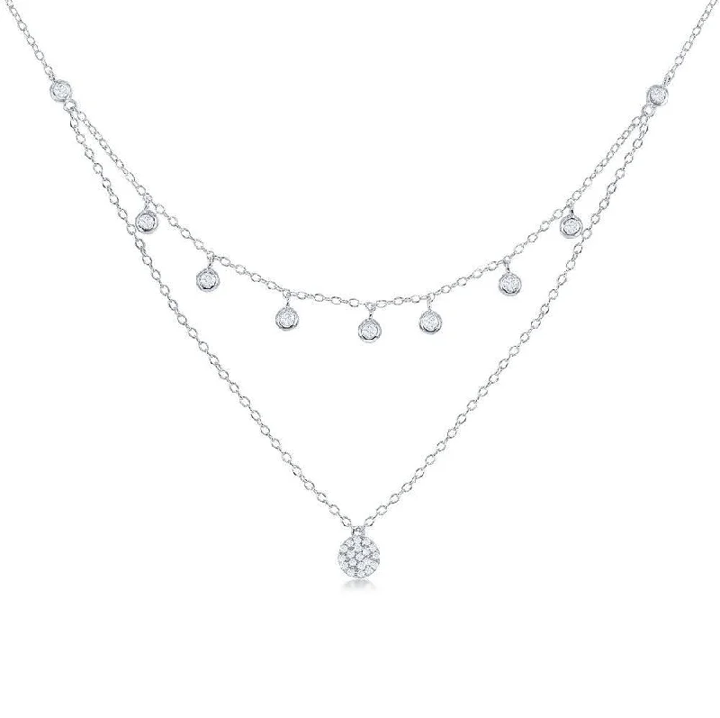 Best necklaces and pendants with opal and gold for a vibrant, luxurious contrast-Sterling Silver Double Strand CZ with Micro Pave Disc Necklace