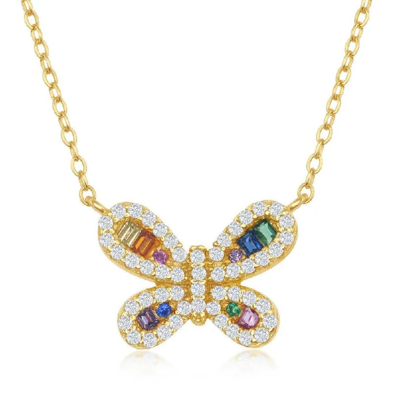 Best necklaces and pendants for everyday wear with minimalist designs-Sterling Silver Gold Plated Rainbow CZ Butterfly Necklace